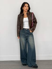 SHEIN PETITE Women's Valentine Double Zipper Leather Jacket In Fall/Winter - Brown - View 3