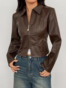 SHEIN PETITE Women's Valentine Double Zipper Leather Jacket In Fall/Winter - Brown - View 8