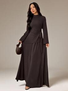 SHEIN PETITE Autumn/Winter New Year Valentine's Day Dinner Everyday Modest Small Stand Collar Flared Women's Two Pieces Set Dark Brown - Brown - View 5