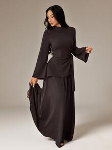 SHEIN PETITE Autumn/Winter New Year Valentine's Day Dinner Everyday Modest Small Stand Collar Flared Women's Two Pieces Set Dark Brown - Brown - View 3