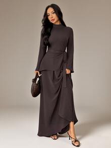 SHEIN PETITE Autumn/Winter New Year Valentine's Day Dinner Everyday Modest Small Stand Collar Flared Women's Two Pieces Set Dark Brown - Brown - View 4