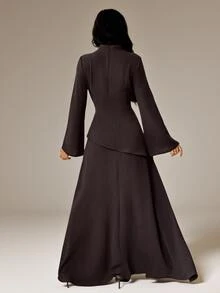 SHEIN PETITE Autumn/Winter New Year Valentine's Day Dinner Everyday Modest Small Stand Collar Flared Women's Two Pieces Set Dark Brown - Brown - View 2