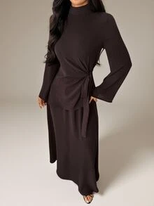 SHEIN PETITE Autumn/Winter New Year Valentine's Day Dinner Everyday Modest Small Stand Collar Flared Women's Two Pieces Set Dark Brown - Brown - View 6