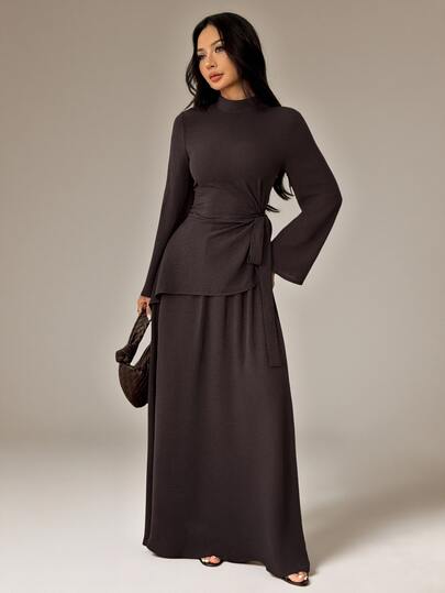 SHEIN PETITE Autumn/Winter New Year Valentine's Day Dinner Everyday Modest Small Stand Collar Flared Women's Two Pieces Set Dark Brown