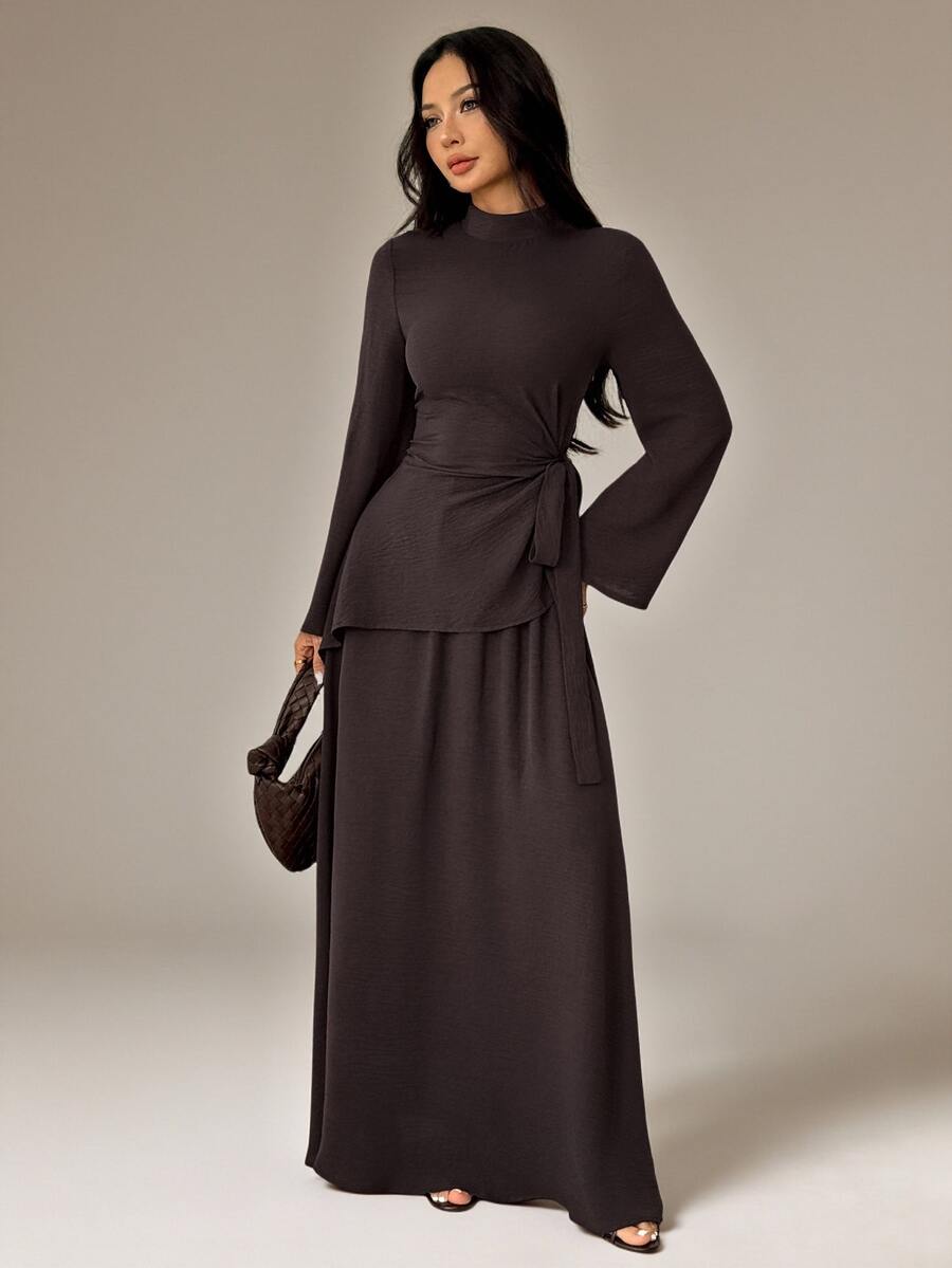 SHEIN PETITE Autumn/Winter New Year Valentine's Day Dinner Everyday Modest Small Stand Collar Flared Women's Two Pieces Set Dark Brown - Brown - View 1