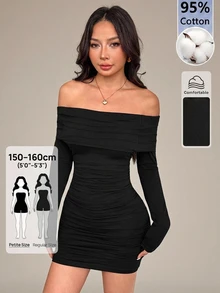 SHEIN PETITE 女款純色長袖荷葉邊露肩修身中長洋裝，夏季黑色露肩夜店女王風洋裝 - 黑色 - 查看 6