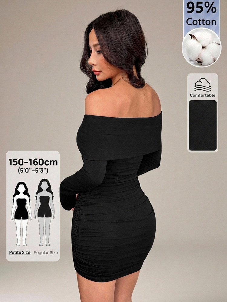 SHEIN PETITE Women's Solid Color Long Sleeve Ruffle Off-Shoulder Fitted Midi Dress, Summer Black Off-Shoulder Nightclub Queen Style Dress - Black - View 5