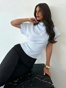 Firerie Blus Wanita Motif Garis-Garis, Kerah Berkerut, Lengan Asimetris, Detail Kerutan Samping di Pinggang, Model Slimming untuk Komuter, Cocok untuk Semua Musim - MultiWarna - View 5