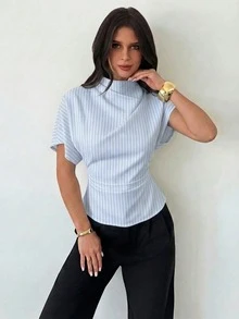 Firerie Blus Wanita Motif Garis-Garis, Kerah Berkerut, Lengan Asimetris, Detail Kerutan Samping di Pinggang, Model Slimming untuk Komuter, Cocok untuk Semua Musim - MultiWarna - View 6