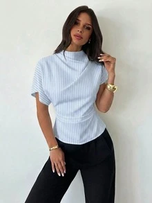 Firerie Blus Wanita Motif Garis-Garis, Kerah Berkerut, Lengan Asimetris, Detail Kerutan Samping di Pinggang, Model Slimming untuk Komuter, Cocok untuk Semua Musim - MultiWarna - View 9