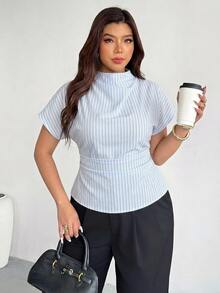 Firerie Blus Wanita Motif Garis-Garis, Kerah Berkerut, Lengan Asimetris, Detail Kerutan Samping di Pinggang, Model Slimming untuk Komuter, Cocok untuk Semua Musim - MultiWarna - View 8