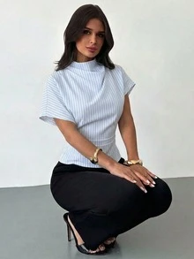 Firerie Blus Wanita Motif Garis-Garis, Kerah Berkerut, Lengan Asimetris, Detail Kerutan Samping di Pinggang, Model Slimming untuk Komuter, Cocok untuk Semua Musim - MultiWarna - View 1