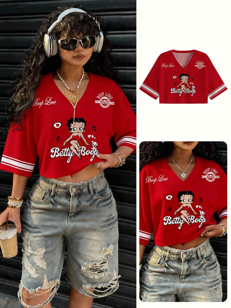 Slaydiva Betty Boop x SHEIN 大码女式休闲卡通印花V领短袖T恤,适合夏季穿着 - 彩色 - 查看 1