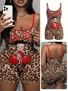 Slaydiva Betty Boop x SHEIN 大码女式豹纹吊带连体裤 - 彩色 - 查看 2