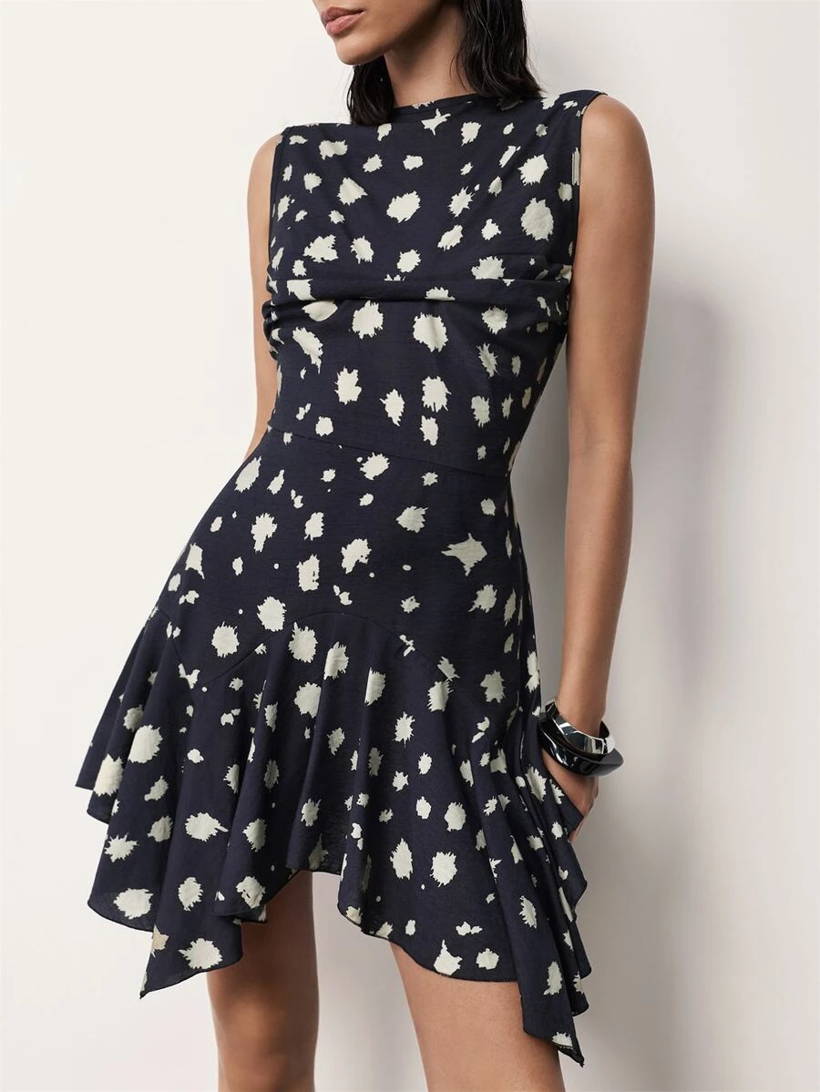 MERLEAU-F Women's Navy Blue Floral Spotted Print Asymmetrical Mini Tank ...