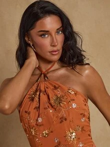 Glamine Women Elegant Orange Sequined V-Neck Mini Dress,Sleeveless Asymmetrical Hem,Brown And Gold,Summer Beach Party Night Floral Burnt Orange Dresses - Orange - View 12