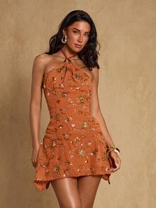 Glamine Women Elegant Orange Sequined V-Neck Mini Dress,Sleeveless Asymmetrical Hem,Brown And Gold,Summer Beach Party Night Floral Burnt Orange Dresses - Orange - View 11