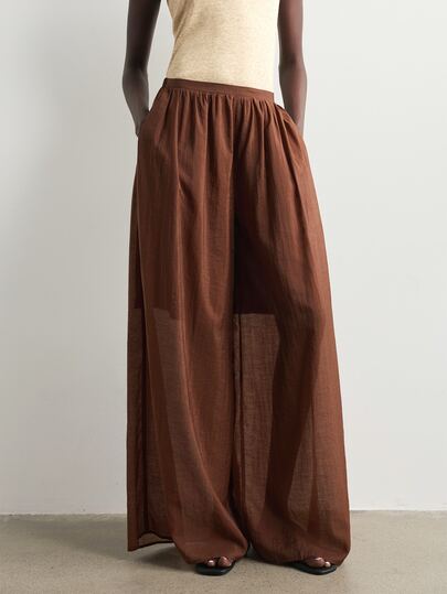 Aalyst Gaun Wanita Warna Polos, Bahan Tipis Berlapisan, Bervolume, Bagian Belakang Berkerut, Pinggang Elastis yang Dapat Diatur, Saku Samping, Potongan Kaki Lebar, Cokelat Kopi, Elegan Gaya Prancis, Formal, Cocok untuk Makan Siang Santai