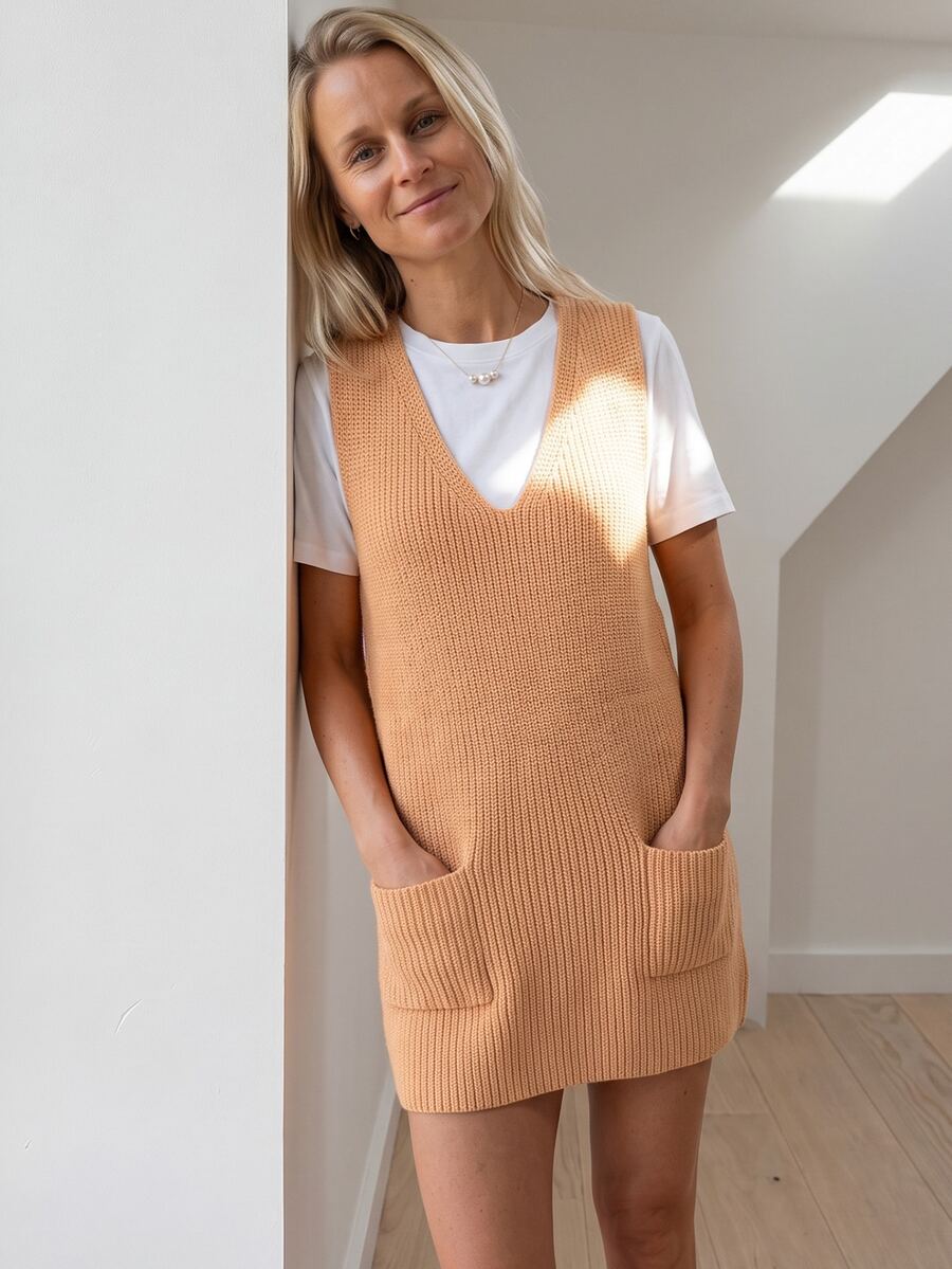 Sprig & Strand Women's Solid Color V-Neck Pocket Design Casual Sleeveless Knit Dress - Khaki - View 1