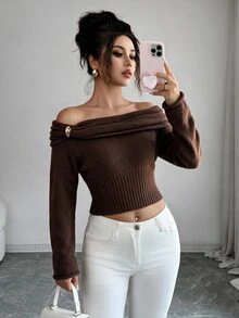 Selianne Sweater Wanita Elegan Warna Polos Tanpa Bahu, Musim Gugur/Dingin - Coffee Brown - View 3