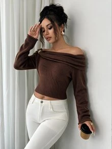 Selianne Sweater Wanita Elegan Warna Polos Tanpa Bahu, Musim Gugur/Dingin - Coffee Brown - View 4