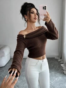 Selianne Sweater Wanita Elegan Warna Polos Tanpa Bahu, Musim Gugur/Dingin - Coffee Brown - View 1
