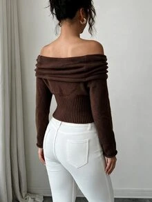 Selianne Sweater Wanita Elegan Warna Polos Tanpa Bahu, Musim Gugur/Dingin - Coffee Brown - View 2