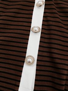 Selianne New V-Neck Ribbed Knit Short Sleeve Faux Placket Design Elegant Slim Fit Everyday Office Brunch Versatile Young Women's T-Shirt Brown Stripe Summer - Brown - View 5