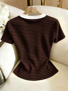 Selianne New V-Neck Ribbed Knit Short Sleeve Faux Placket Design Elegant Slim Fit Everyday Office Brunch Versatile Young Women's T-Shirt Brown Stripe Summer - Brown - View 2