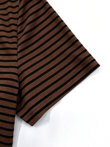 Selianne New V-Neck Ribbed Knit Short Sleeve Faux Placket Design Elegant Slim Fit Everyday Office Brunch Versatile Young Women's T-Shirt Brown Stripe Summer - Brown - View 7