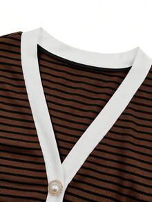 Selianne New V-Neck Ribbed Knit Short Sleeve Faux Placket Design Elegant Slim Fit Everyday Office Brunch Versatile Young Women's T-Shirt Brown Stripe Summer - Brown - View 4