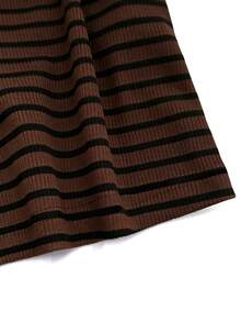 Selianne New V-Neck Ribbed Knit Short Sleeve Faux Placket Design Elegant Slim Fit Everyday Office Brunch Versatile Young Women's T-Shirt Brown Stripe Summer - Brown - View 6