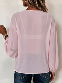 SHEIN LUNE 波希米亞優雅休閒風深V領印花寬鬆慵懶燈籠袖自然紋理復古氛圍襯衫 早晨雞尾酒紅 秋季 - 彩色 - 查看 3