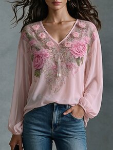 SHEIN LUNE 波希米亞優雅休閒風深V領印花寬鬆慵懶燈籠袖自然紋理復古氛圍襯衫 早晨雞尾酒紅 秋季 - 彩色 - 查看 4