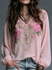 SHEIN LUNE 波希米亞優雅休閒風深V領印花寬鬆慵懶燈籠袖自然紋理復古氛圍襯衫 早晨雞尾酒紅 秋季 - 彩色 - 查看 1