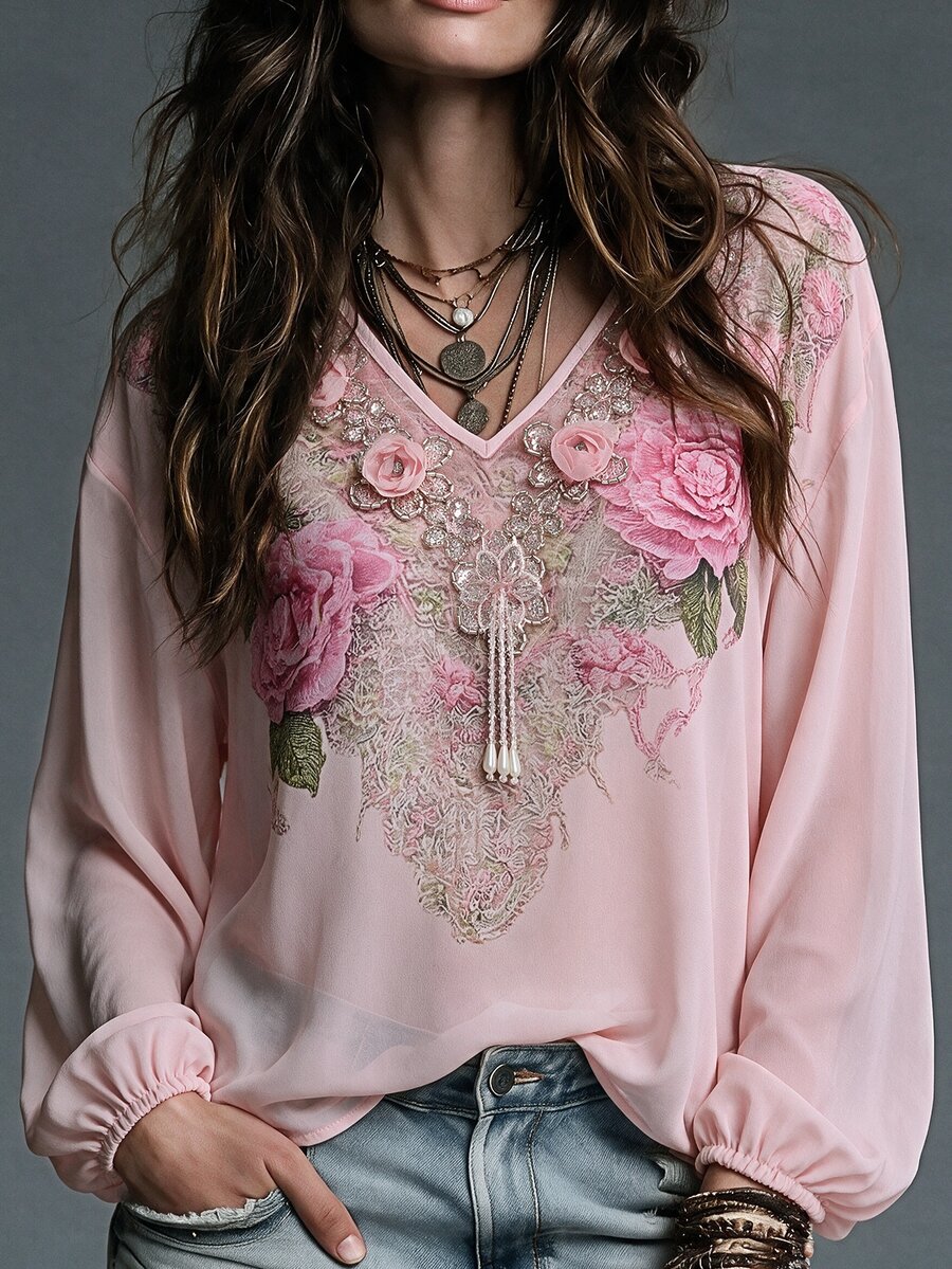 SHEIN LUNE 波希米亞優雅休閒風深V領印花寬鬆慵懶燈籠袖自然紋理復古氛圍襯衫 早晨雞尾酒紅 秋季 - 彩色 - 查看 1
