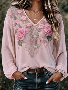 SHEIN LUNE 波希米亞優雅休閒風深V領印花寬鬆慵懶燈籠袖自然紋理復古氛圍襯衫 早晨雞尾酒紅 秋季 - 彩色 - 查看 2