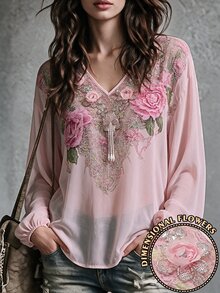 SHEIN LUNE 波希米亞優雅休閒風深V領印花寬鬆慵懶燈籠袖自然紋理復古氛圍襯衫 早晨雞尾酒紅 秋季 - 彩色 - 查看 7