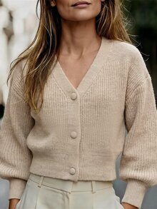 Balvessa Drop Shoulder Button Front Cardigan - Khaki - View 1