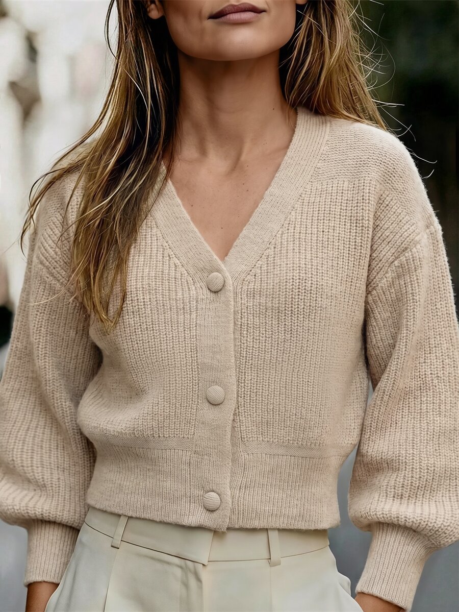 Balvessa Drop Shoulder Button Front Cardigan - Khaki - View 1