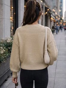 Balvessa Drop Shoulder Button Front Cardigan - Khaki - View 2