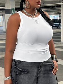 SHEIN CURVE+ 大尺碼女款休閒優雅 70 年代亮片基本修身白色露肩背心，舒適面料，適合夏季派對、健身房、晚餐 - 白色 - 查看 6