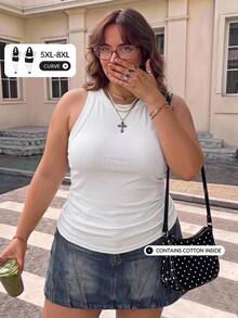 SHEIN CURVE+ 大尺碼女款休閒優雅 70 年代亮片基本修身白色露肩背心，舒適面料，適合夏季派對、健身房、晚餐 - 白色 - 查看 8