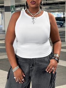 SHEIN CURVE+ 大尺碼女款休閒優雅 70 年代亮片基本修身白色露肩背心，舒適面料，適合夏季派對、健身房、晚餐 - 白色 - 查看 4