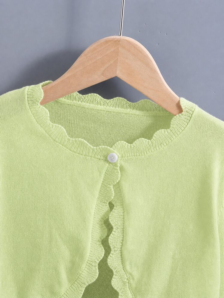 SHEIN Elladie kids كارديجان للبنات مع حافة مكشكشة، كارديجان شال محبوك بسيط وعصري متعدد الاستخدامات للخريف - أخضر - مشاهدة 4