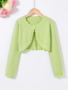 SHEIN Elladie kids Girls' Cardigan With Ruffle Trim, Simple Fashion Versatile Knit Shawl Cardigan - Green - View 1