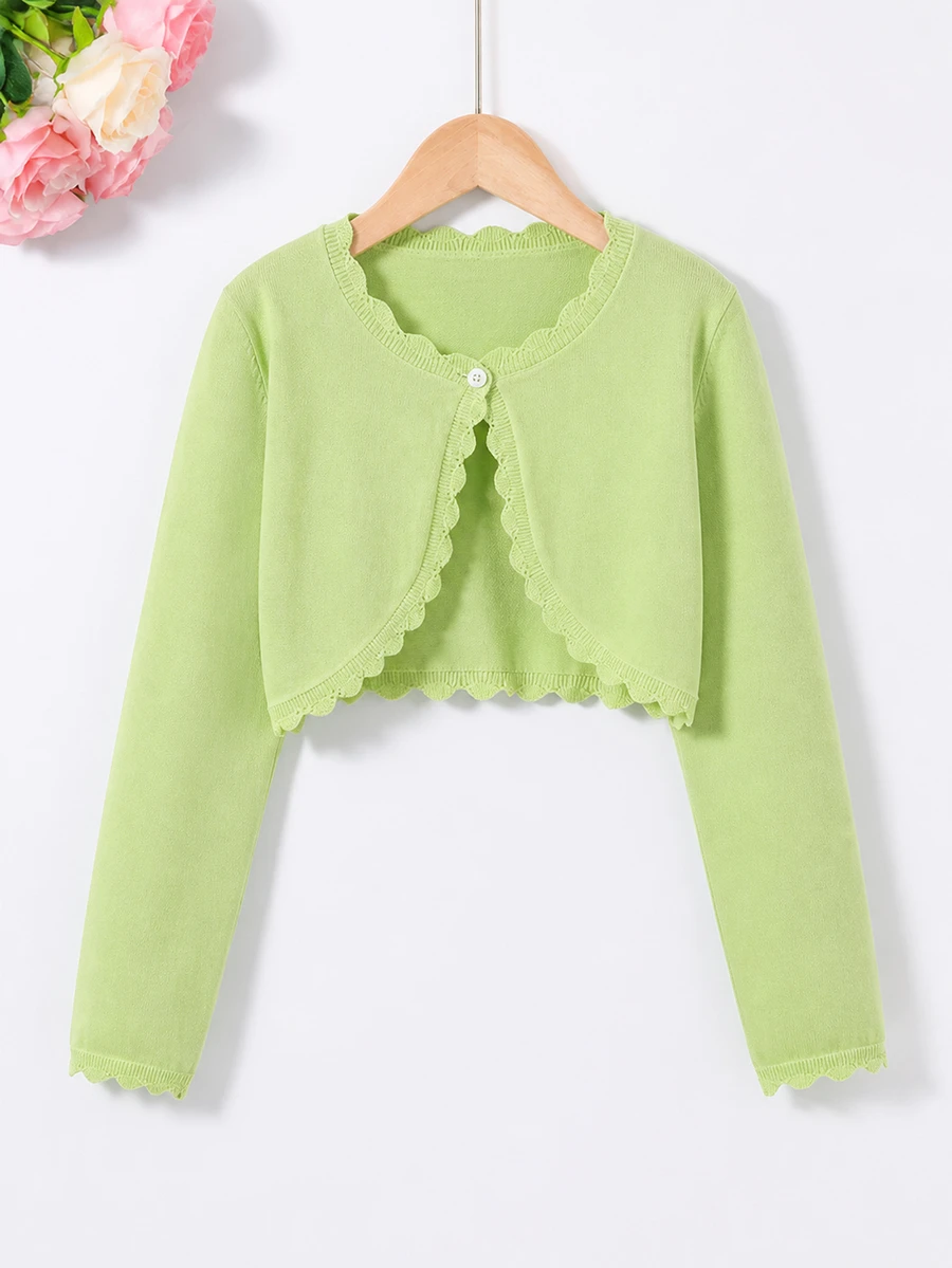 SHEIN Elladie kids Girls' Cardigan With Ruffle Trim, Simple Fashion Versatile Knit Shawl Cardigan - Green - View 1