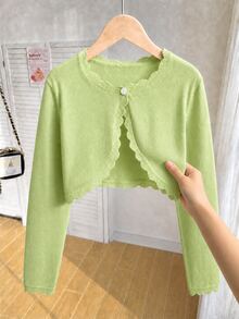 SHEIN Elladie kids Girls' Cardigan With Ruffle Trim, Simple Fashion Versatile Knit Shawl Cardigan - Green - View 3