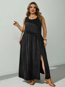 SHEIN CURVE+ Loose Sleeveless Round Neck Dress Dress Summer 2026 Plus Size 22W Women's Halloween Costume Vacation Black Casual Normal - Black - View 9
