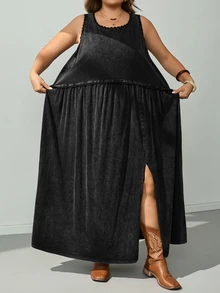 SHEIN CURVE+ Loose Sleeveless Round Neck Dress Dress Summer 2026 Plus Size 22W Women's Halloween Costume Vacation Black Casual Normal - Black - View 4